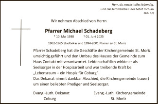 Traueranzeige für Pfarrer i.R. Schadeberg